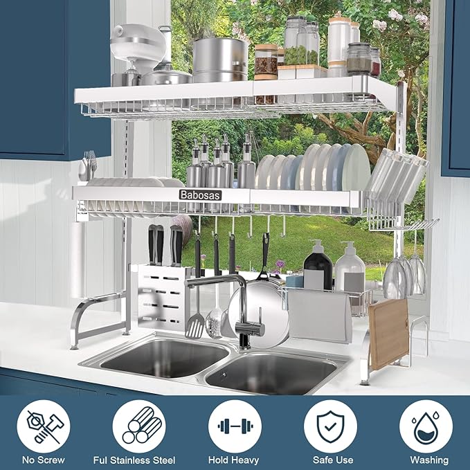 Over The Sink Dish Drying Rack,3 Tier Adjustable Length (25.5'' to 37.4'') Full Stainless Steel Large Storage Kitchen Dish Rack,For Kitchen Counter Expandable Multifunctional Organizers,Silver