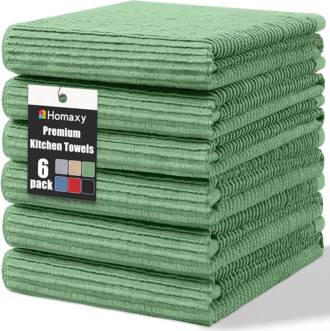 Homaxy Premium Kitchen Towels (18"x 28", 6 Pack), Large 100% Cotton Kitchen Hand Towels, Ultra Absorbent Ribbed Terry Tea Towels Set with Hanging Loop, Grass Green