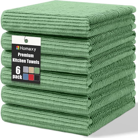 Homaxy Premium Kitchen Towels (18"x 28", 6 Pack), Large 100% Cotton Kitchen Hand Towels, Ultra Absorbent Ribbed Terry Tea Towels Set with Hanging Loop, Grass Green