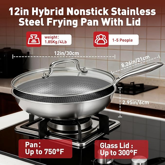 12 Inch Hybrid Non Stick Frying Pans with Lid, Nonstick 12-Inch Frying Pan, 3-Ply Stainless Steel Frying Pan, Stay-Cool Handle, Oven & Dishwasher Safe, Induction Compatible All Cooktop
