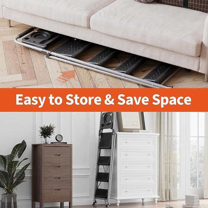 4 Step Ladder, Folding Step Stool with Tool Platform, Wide Anti-Slip Pedal and Anti-Slip Feet, Heavy-Duty Steel Construction, 900lbs Capacity Portable Safety Ladder, No Assembly Required, Grey