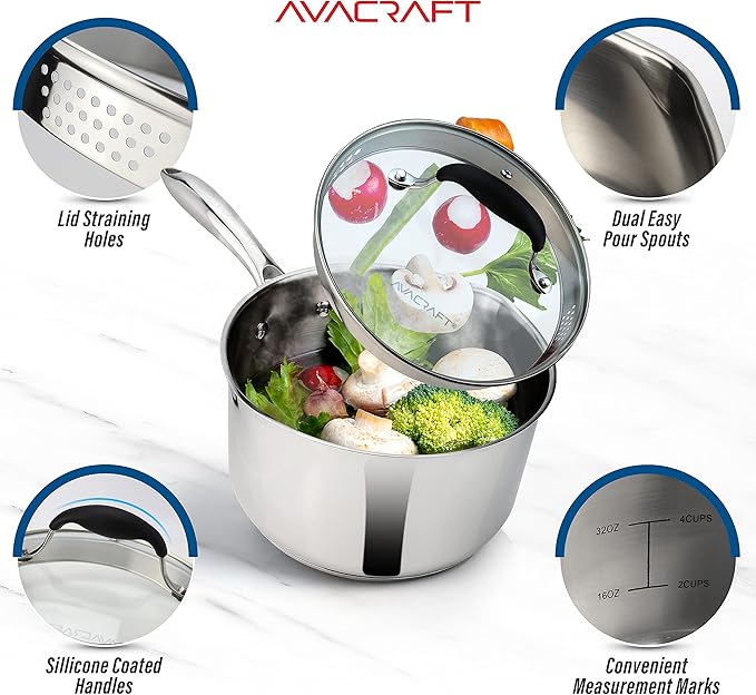 AVACRAFT Multipurpose Sauce Pan/Pot, Stainless Steel with Glass Strainer Lid, Two Side Spouts for Easy Pour with Ergonomic Handle (5-Ply Capsule Bottom, 1.5 Quart)