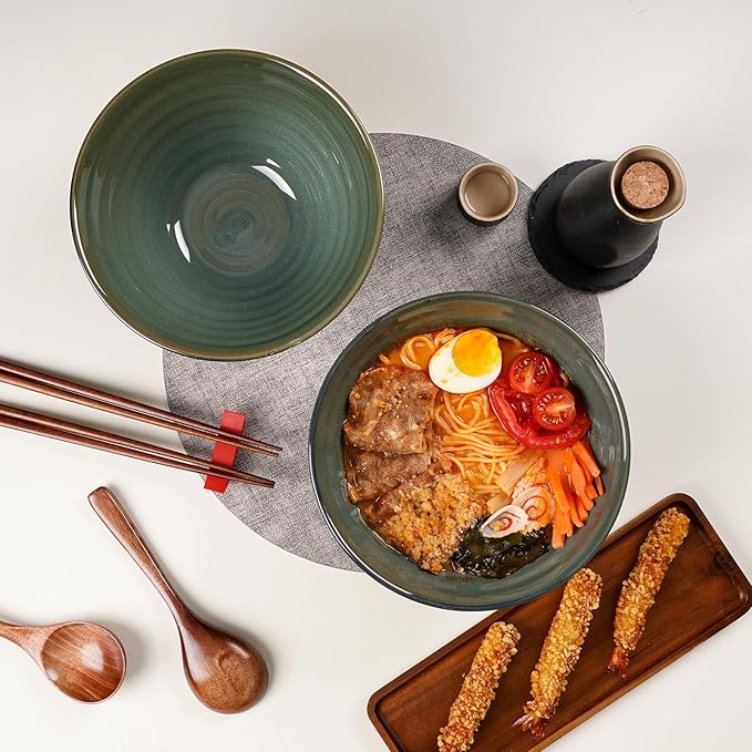 NUTRIUPS Ceramic Ramen Bowl Set of 2 Noodles Bowl with Chopsticks and Spoons, 50oz Large Ramen Bowl- Deep Ocean Green