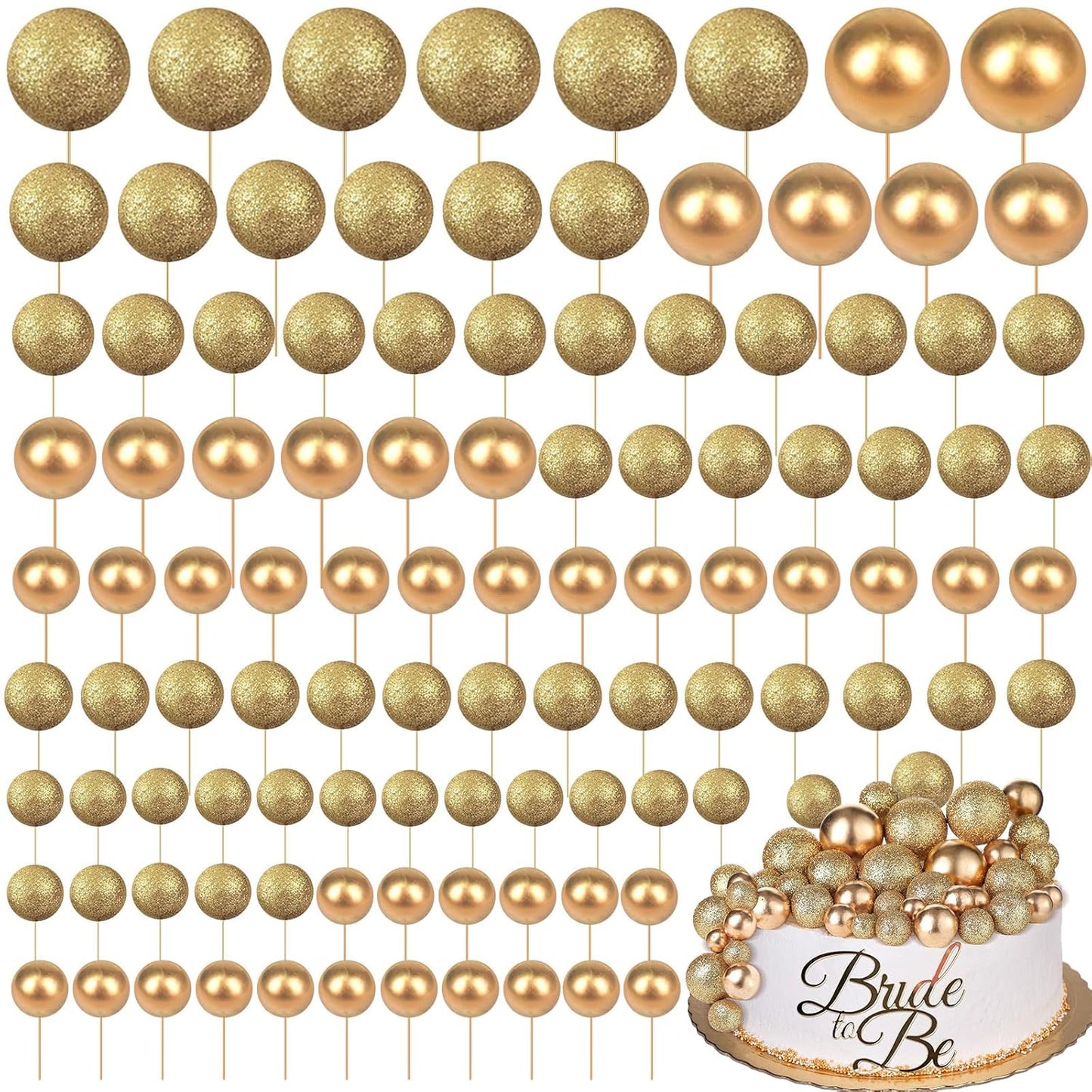 108 Pcs Balls Cake Topper DIY Cupcake Insert Foam Balloons for Cake Baking Wedding Anniversary Birthday Decoration(Glitter Gold, Gold,Multi Sizes)