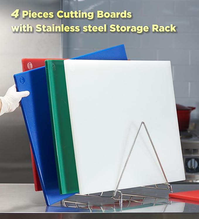 CURTA 4-Piece NSF 24" x 18" x 1/2" Multi-Colored Flexible Cutting Board Kit with Stainless steel Storage Rack, Color Coded Plastic Chopping Board with Anti Slip Surface Dishwasher Safe