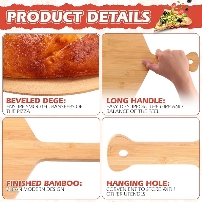 Norme 6 Pcs Bamboo Pizza Peel Set, Wooden Pizza Paddle with Handle, Wood Cutting Board, Oven Accessory for Breads, Cheese, Fruit, Vegetables, Kitchen Accessories(21.9 x 14 Inch)