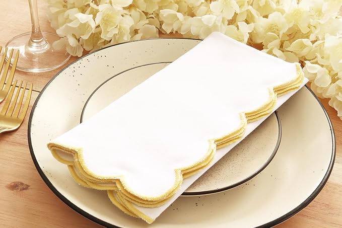 PurpleEssences Scalloped Embroidery Cloth Napkins Christmas Holiday Winter Table Decor 100% Cotton Set of 4-18 x 18 inch - White - Edges - Yellow