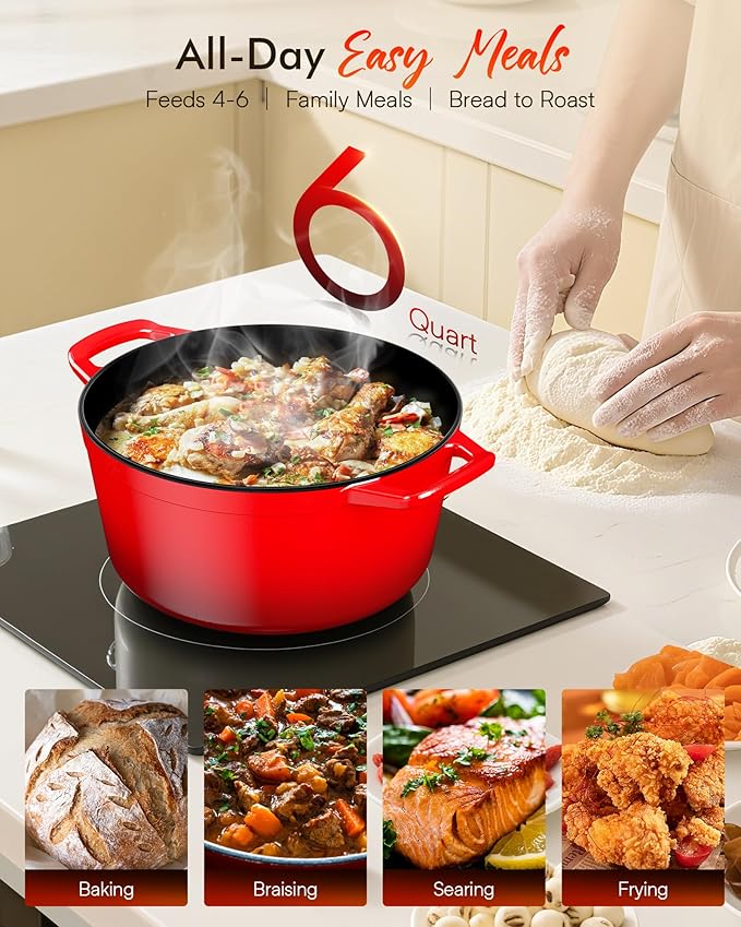 Nuwave 6QT Healthy Enameled Cast Iron Dutch Oven Pot with Lid, Heavy Duty 7-Layer Enamel, Enhanced Rust Protection, Dual Handles, Oven Safe to 500°F for Sourdough Bread Baking, Braise, Stew, Roast
