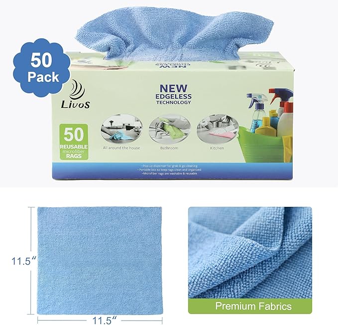 LIVOS 50 Pack Microfiber Cleaning Cloth in Box, Reusable Cleaning Rags, 11.5"x11.5", Edgeless Microfiber Wipes, Lint Free, Absorbent Shop Towels for Kitchen, Car, Glass (Blue)