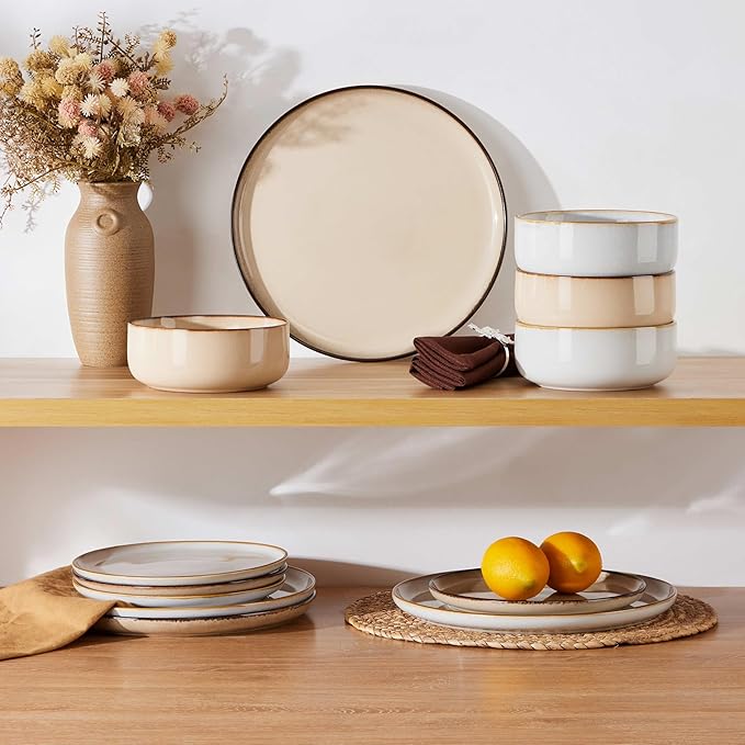 Herogo 12 Pieces Stoneware Dinnerware Dishes Set for 4, Kitchen Dining Plates and Bowls Sets, Double Reactive Glaze, Microwave & Dishwasher Safe, Scratch Resistant, Ivory White & Cream Khaki