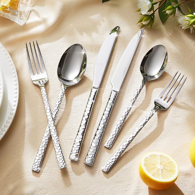 KINGSTONE 24 Piece Silverware Set with Steak Knives, Hammered Silverware Set for 4, 18/10 Stainless Steel Flatware, Cutlery Set for Home, Party, Wedding, Mirror Polished Dishwasher Safe