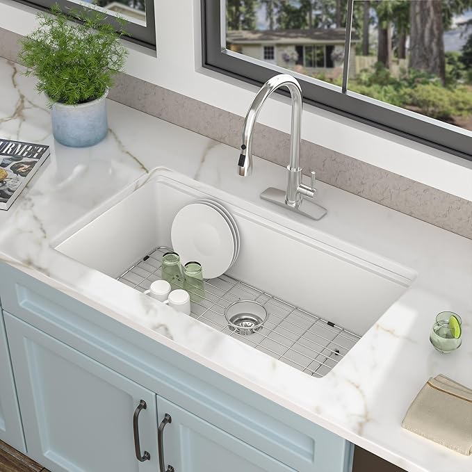 30"x19" Granite Composite Kitchen Sink - White Undermount Ledge Workstation Quartz Classic Under Counter Single Bowl Basin