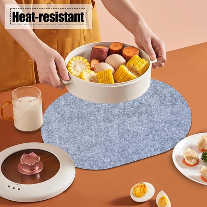 Leather Placemats Set of 6 Non Slip,Oval Blue Faux Leather Placemat Waterproof Reversible,Heat Resistant Wipeable Table Placemats for Dining Table,Modern Table Protectors