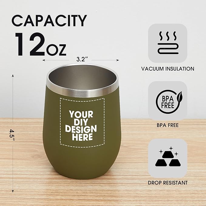 Personalized Custom Wine Tumbler Print in USA 12oz Stainless Steel Travel Coffee Cup with Lid & Straw Double Wall Insulated Mug with Colorful Text Logo Photo