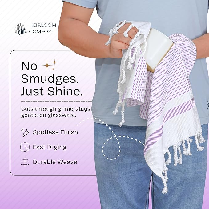 Lavender Turkish Kitchen Towels 16x26 Inch, 12 Pack, 100% Cotton, Ultra Absorbent, Soft, Fast Dry, Machine Washable, Dish Towel with Tassels for Drying Dishes, Cleaning, Everyday Use