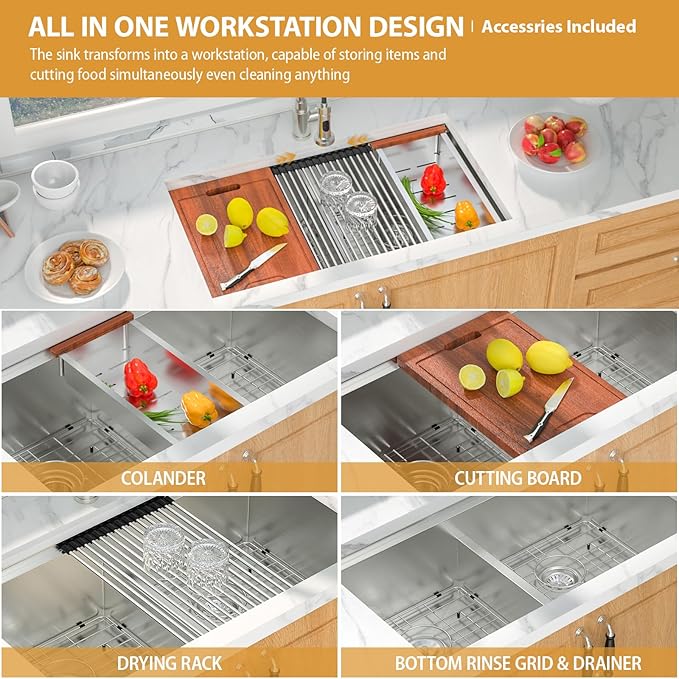 Mocoloo Double Bowl Kitchen Sinks - 50/50 Undermount Double Bowl 16 Gauge Low Divide Workstation 33 x 19 Inch Stainless Steel Sink Handmade, 10'' Deep Basin