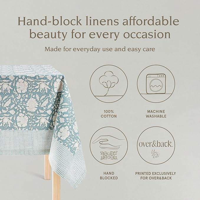 over&back Hand-Screened Tablecloth - Dining Table Cover - Each Tablecloth is Unique - 100% Cotton - Machine Washable - Kitchen and Home Decor - Blue Floral - 70x108