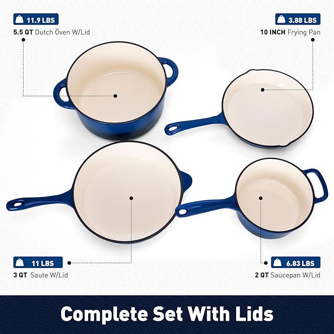 DishDelight Enameled Cast Iron Cookware Set, 7 Piece Set of Dutch Ovens, Sauce Pan, Skillet, 3 Lids, Ceramic Coated Cast Iron Dutch Oven Set, Round Dutch Oven Pot for Sourdough Bread Baking，Blue