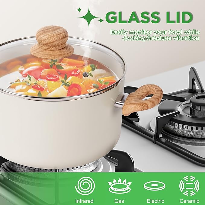 23 Pcs Pots and Pans Set Nonstick, Kitchen Cookware Sets, with Frying Pan, Saucepan, Saute Pan, Lightweight Cooking Set with Stay-Cool Wood Print Handles, NO PFAS and PFOA, Light Wood