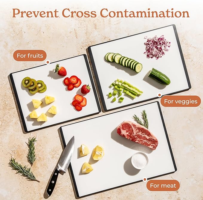 SMIRLY Plastic Cutting Board Set with Holder 4 Pieces, Non-Slip Dishwasher Safe Chopping Boards for Kitchen, Grey & White