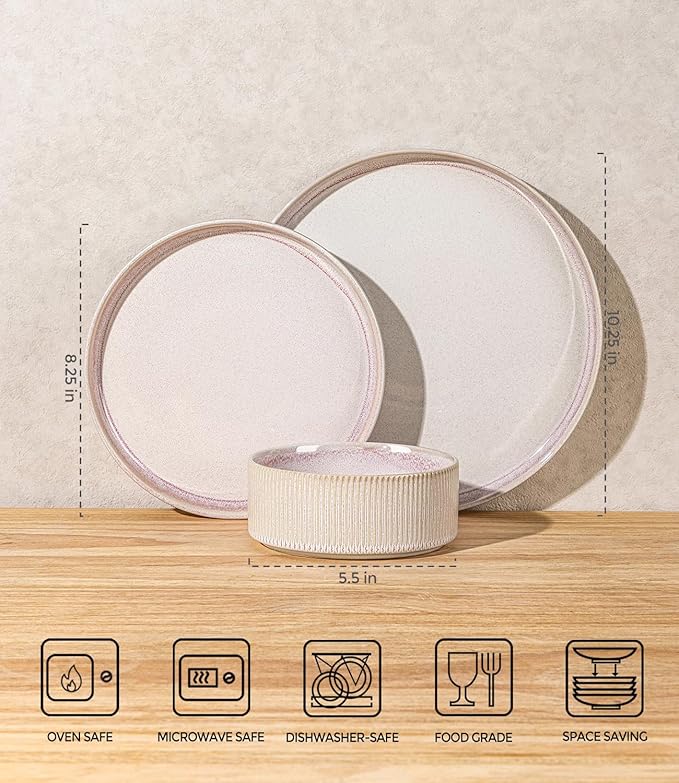 TheTerra Ceramic Dinnerware Sets for 6, 18 Pieces Porcelain Lightweight Speckled Plates and Bowls Sets, Scratch Resistant Dish Set, Oven & Microwave & Dishwasher Safe, Primrose Pink