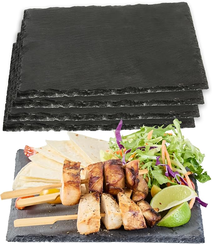 Restaurantware Slate Serving Trays 10 Pack of 8 x 8" Foam Feet Charcuterie Stone Plates Rustic Edges Freezable Black Square Serving Display Cheese Boards for Kitchen, Dining, Parties