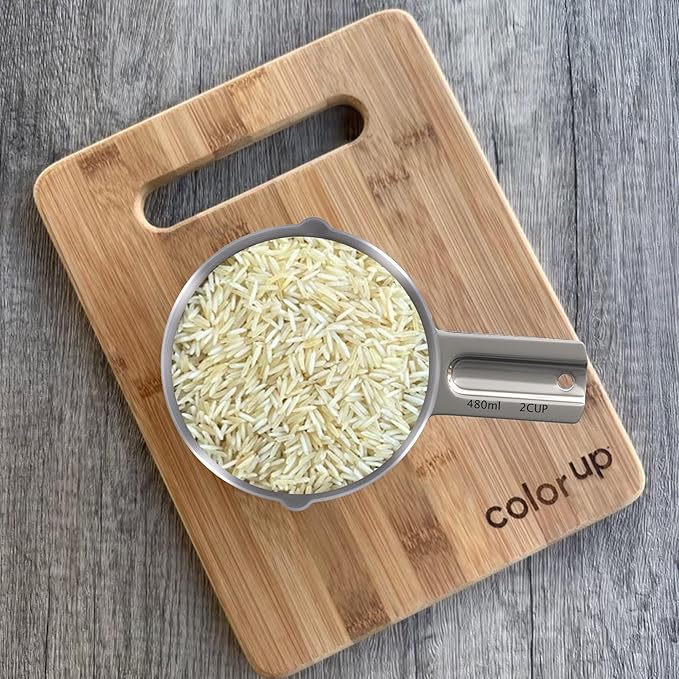 Color Up 2 Cup Measuring Cup, 480ml Stainless Steel Metal, Easy-Pour Spouts, Engraved Markings, Flat Base, Dishwasher Safe, for Dry and Liquid Ingredients