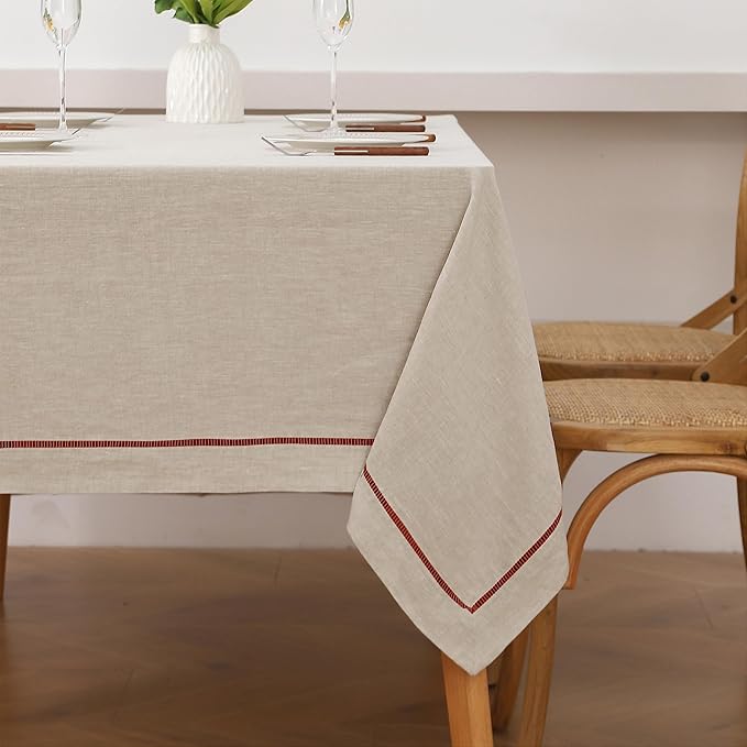 Linen World Hemstitch Linen Tablecloth, 100% Natural French Flax, 60x120Inch Handcrafted Natural-Rust Linen Table Cloth, Tabletop Decoration, Table Cloths for Kitchen, Dining, Daily Use