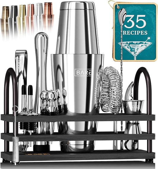 BARE BARREL® Mixology Bartender Kit Bar Set | 14-Piece Cocktail Shaker Set | Martini Barware Mixing Tools for Home Bartending | 35 Recipe Cards | Gift Set (28oz Boston Shaker, Silver/Black)