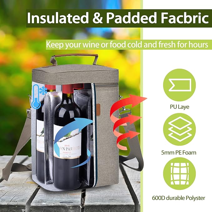 Tirrinia 4 Bottle Wine Gift Carrier - Leakproof & Insulated Padded Portable Wine Carrying Cooler Tote Bag for Travel, BYOB Restaurants, Wine Tasting, Parties, Gift for Wine Lovers, Grey