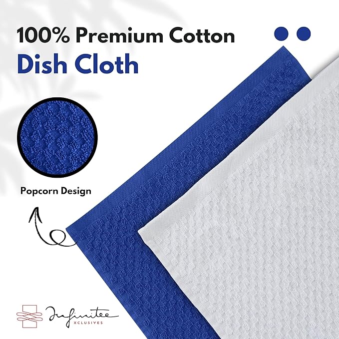Infinitee Xclusives Premium Dish Cloth 100% Cotton 12 x 12 Inches |Pack of 4| - Ultra Soft Tea Towels - Highly Absorbent Kitchen Rags - Terry Dishcloth for Kitchen and Household Cleaning |Mighty Blue|