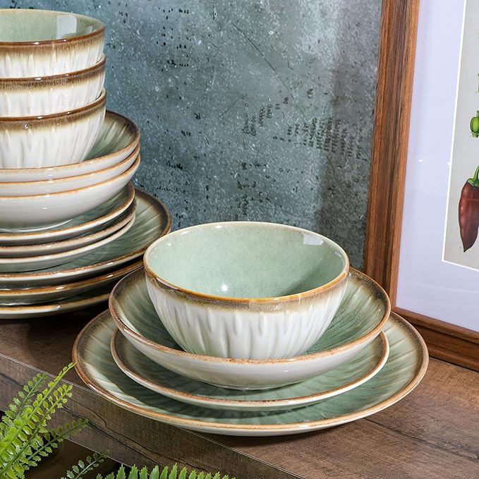 Gibson Elite Mayfair Bay Embossed Double Bowl Dinnerware Set, Service for 4 (16pcs), Green