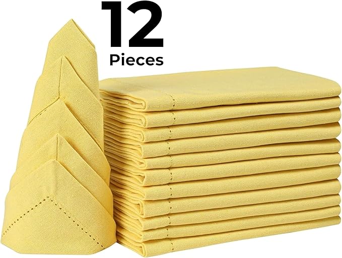 Bedding Craft Cotton Dinner Napkins Set of 12 – 18x18 Sand Yellow with Hemstitched Mitered Corners – Machine Washable Fabric Napkins for Thanksgiving, Weddings & Cocktails