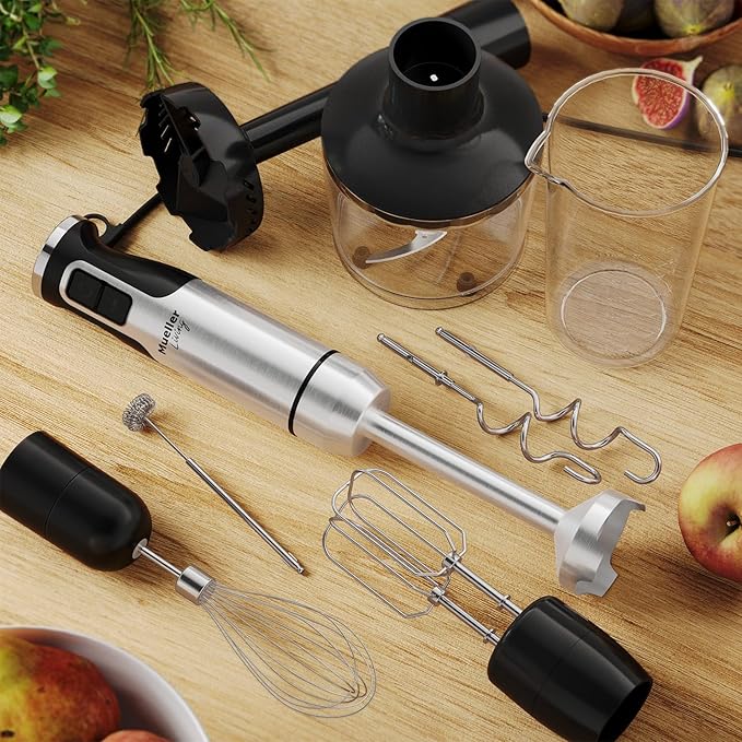 MuellerLiving Immersion Hand Blender Full Set - 8 Speed Immersion Blender, Hand Mixer with 7 Attachments: Stainless Steel Blade, Whisk, Milk Frother, Beater, Mixing Hooks, Potato Masher, Chopper Bowl