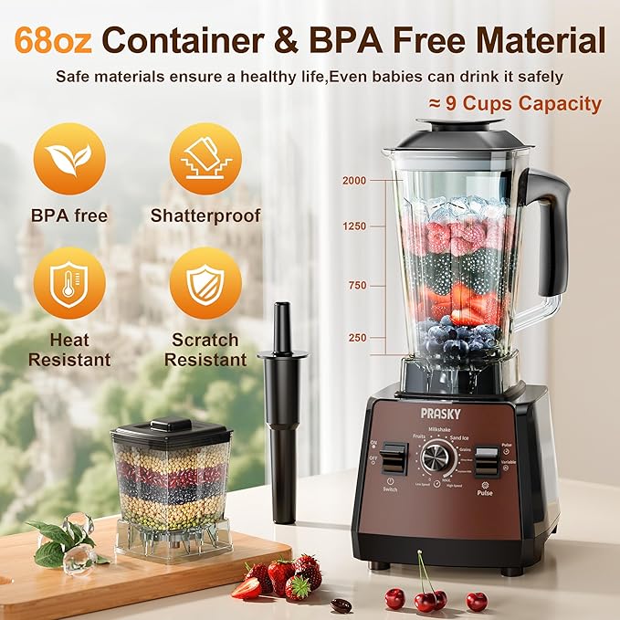 Professional Blender and Grinder Combo 25000RPM Powerful Blenders Kitchen 68oz BPA Free 2 Containers Countertop Blenders Ice, Grinding, Juice (Brown)