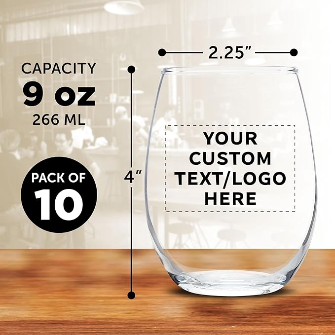 Custom Stemless Wine Glass 9 oz. Set of 10, Personalized Bulk Pack - Great for Wedding Favors, Bachelorette Party Decorations, Party Favors, Color Bottom - Clear