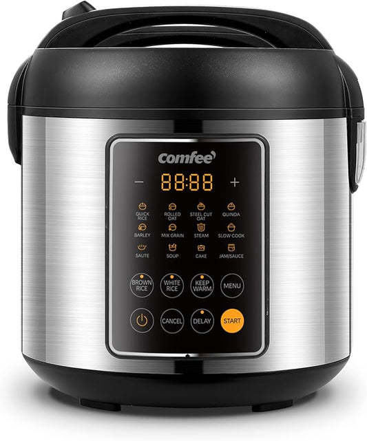 COMFEE' Rice Cooker, 14-in-1 Stainless Steel Multi Cooker, Slow Cooker, Steamer, Sauté, and Warmer, 5.3 QT, 20 Cups Cooked (10 Cups Uncooked), Brown Rice, Quinoa and Oatmeal