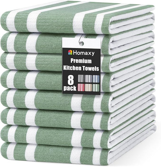 Homaxy Premium Kitchen Towels 18”x 28”, Large Cotton 380 GSM Kitchen Hand Towels, Stripe and Terry Dish Towel, Highly Absorbent Tea Towel Set with Hanging Loop, 8 Pack, Grass Green