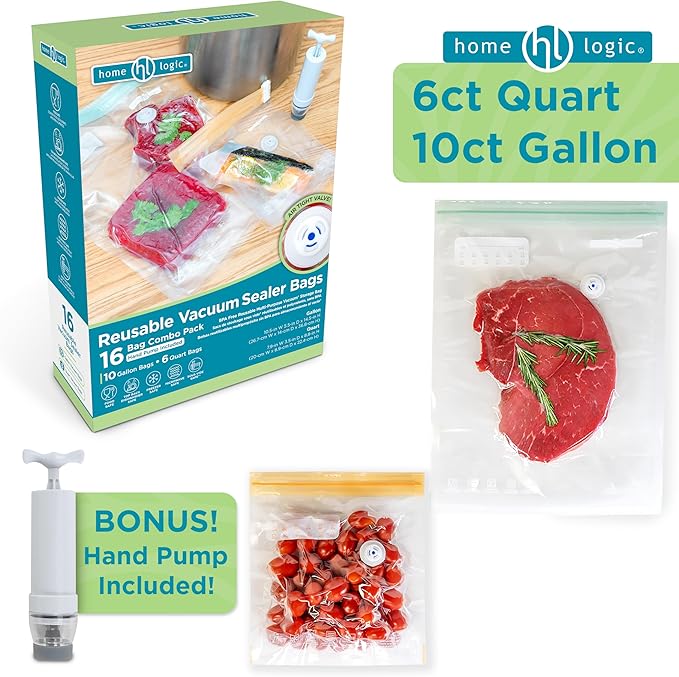 Home Logic Vacuum Sealer Reusable Bags Combo Pack – Freezer, Microwave & Sous Vide Safe Food Storage Bags – 10 Gallon Bags & 6 Quart Bags