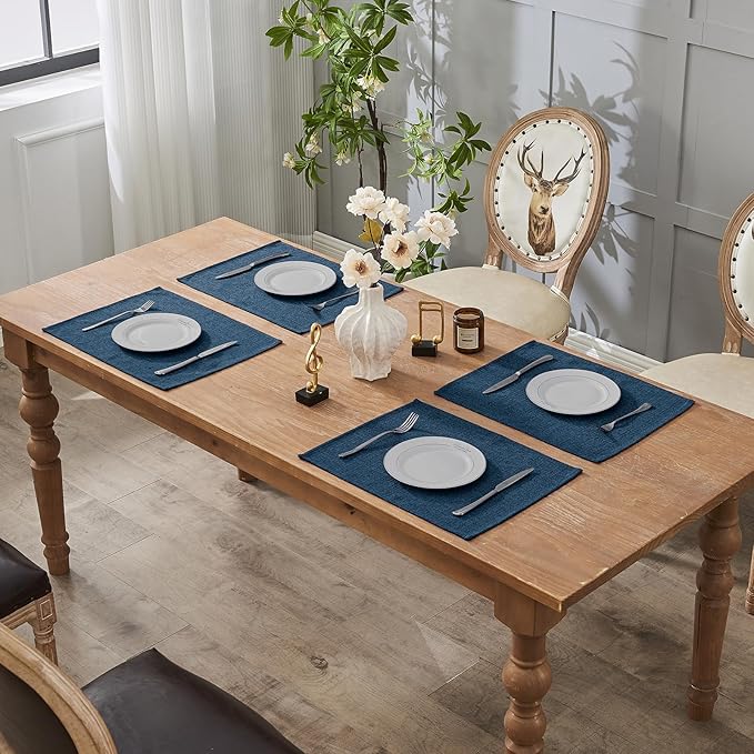 BALCONY & FALCON Placemats Set of 4 Faux Linen Cloth Place Mats Washable Waterproof Wrinkle Resistant Table Placemats for Dining Kitchen Farmhouse Indoor & Outdoor Use(Navy Blue, 13.8”x 17.7”