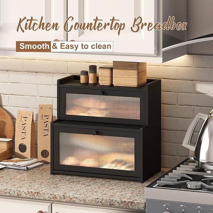 FILWH Bread Box for Kitchen Countertop Double Layer Large Corner Bread Box Capacity Bread Storage Bin Farmhouse Breadbox Container Organizer Cabinet Cupboard Black
