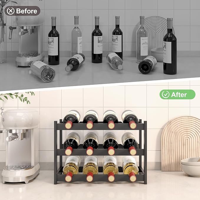 Wine Rack Countertop for 12 Wine Bottles and 4 Glass Holder, Small Bamboo Free Standing Racks Tabletop Display, Wooden Wine Storage Organizer for Cabinet Pantry Kitchen Bar Home Dining Room (Black)