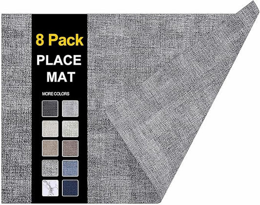 homing Faux Leather Heat Resistant Placemats 8 Packs, Waterproof Wipeable Dining PU Place Mats for Indoor & Outdoor, Easy to Clean, Smokey Grey