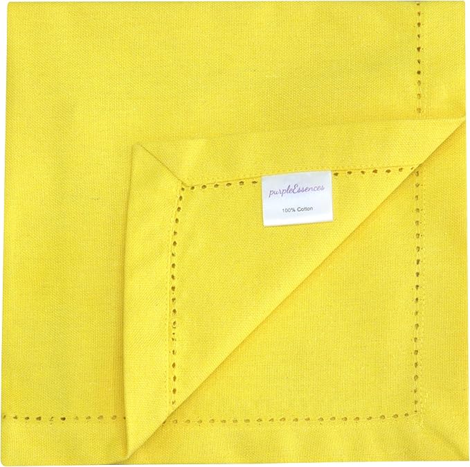 PurpleEssences Set of 12 Hemstitch Cloth Dinner Napkins 100% Cotton - Soft Durable Washable - Ideal for Wedding Fall Thanksgiving - Perfect Everyday Use Table Linen 18x18 - Yellow