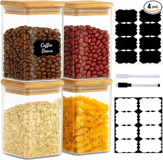 37oz(1.2Qt) Square Glass Storage Containers with Bamboo Lids – 4 Pack Clear Food Airtight Glass Jars for Pantry Organizers and Storage, Kitchen Dry Food, Coffee, Sugar, Flour, Snacks, Spices