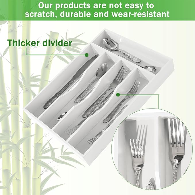 Greenual White Silverware Organizer 10 In Utensil Organizer Silverware Tray for Drawer Cutlery Flatware Organizer for Kitchen Bamboo Wood