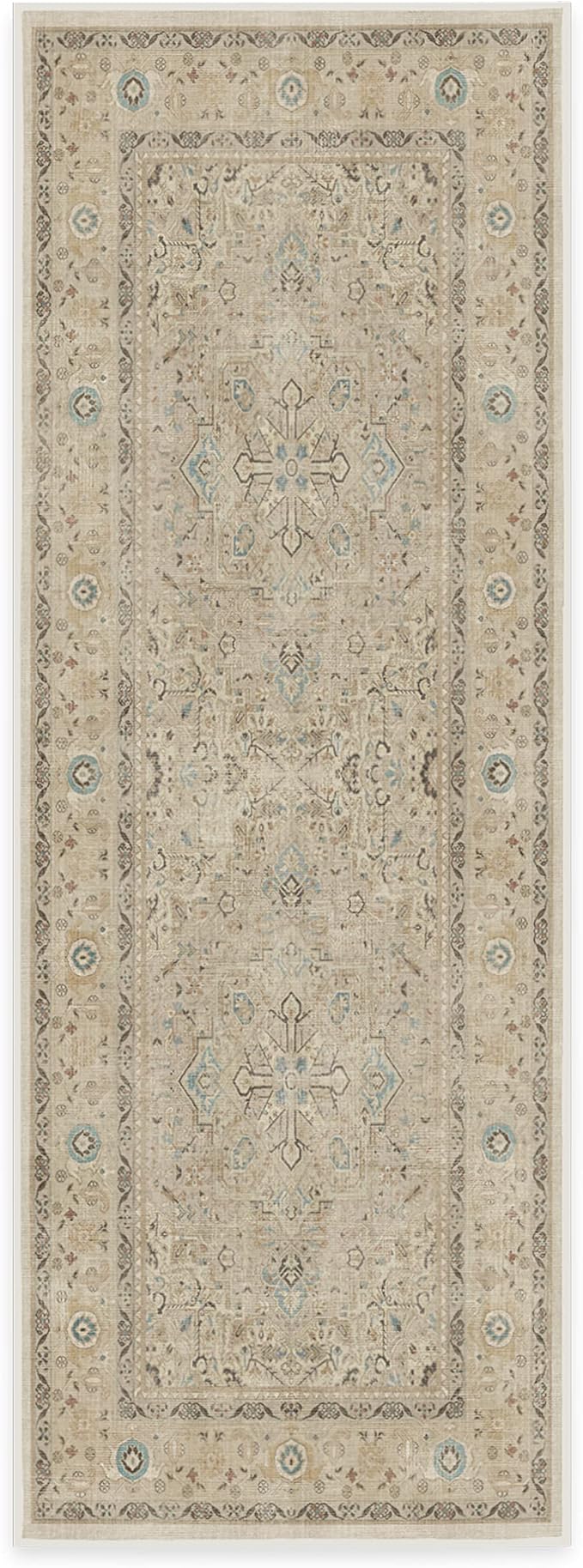 RUGGABLE Washable Vintage Runner Rug – Kamran Ivory Opal 2.5x7, Stain-Resistant, Non-Slip Hallway Runner – Machine Washable Rug for Hallway, Entryway, Living Room & Kitchen–with Cushioned Pad
