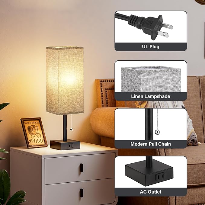 Grey Bedside Lamps for Bedroom Set of 2 - Small Nightstand Lamp with AC Outlet Charging Port, 3 Color Temperatures Rectangular Desk Light with Bulb, Tabletop Reading Lamp for Living Room/Dorm/Office