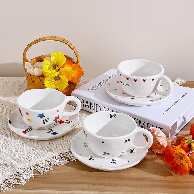 Koythin Ceramic Coffee Mug with Saucers, Handmade Flowers Mugs, Cute Cup for Girl Women, Aesthetic Tea Milk Cup with Handle, 8.5 oz/250 ml for Latte, Cocoa, Office, Home (Black Small Bow)