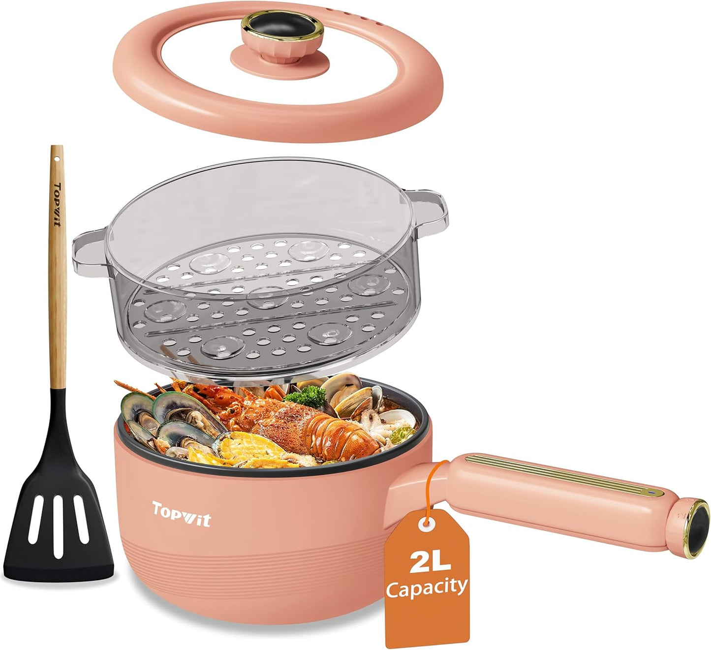 TOPWIT Hot Pot Electric with Steamer, 𝟐𝐋 Electric Pot, Non-Stick Portable Cooker, Portable Pot, Sauté Pan for Steak, Egg, Ramen, Soup with Dual Power Control (Silicone Spatula Included), Peach